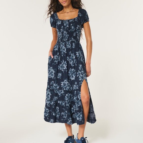Hollister Saidie Short-Sleeve Tie-Back Midi Dress in blue floral - Picture 1 of 5